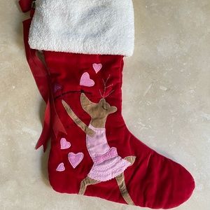 Pottery Barn Kids red velvet stocking with ballerina reindeer
